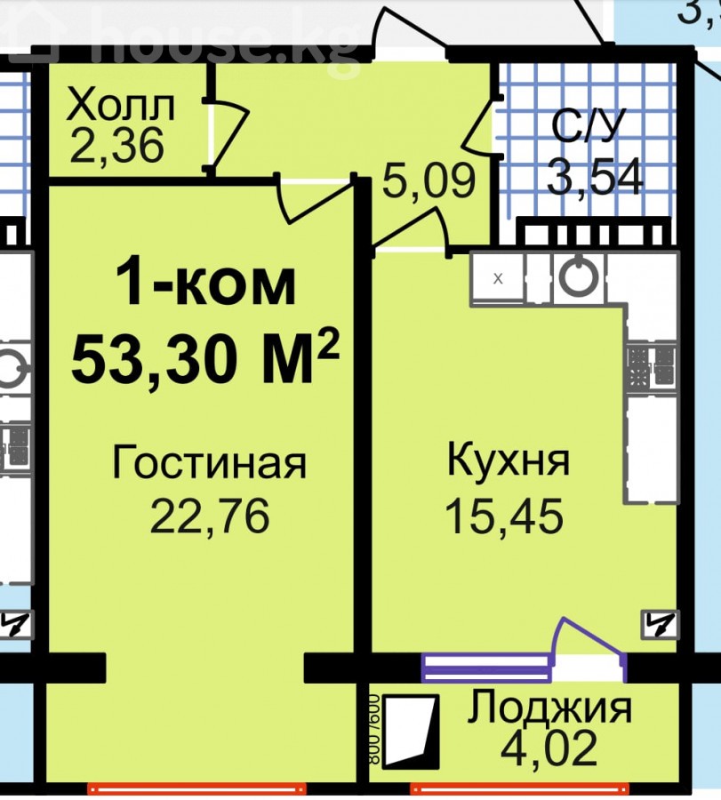 1-комн. кв., 53.3 м2
